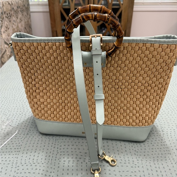 Spartina 449 Tan and Light Blue Tote with Bamboo Handle - Picture 13 of 16